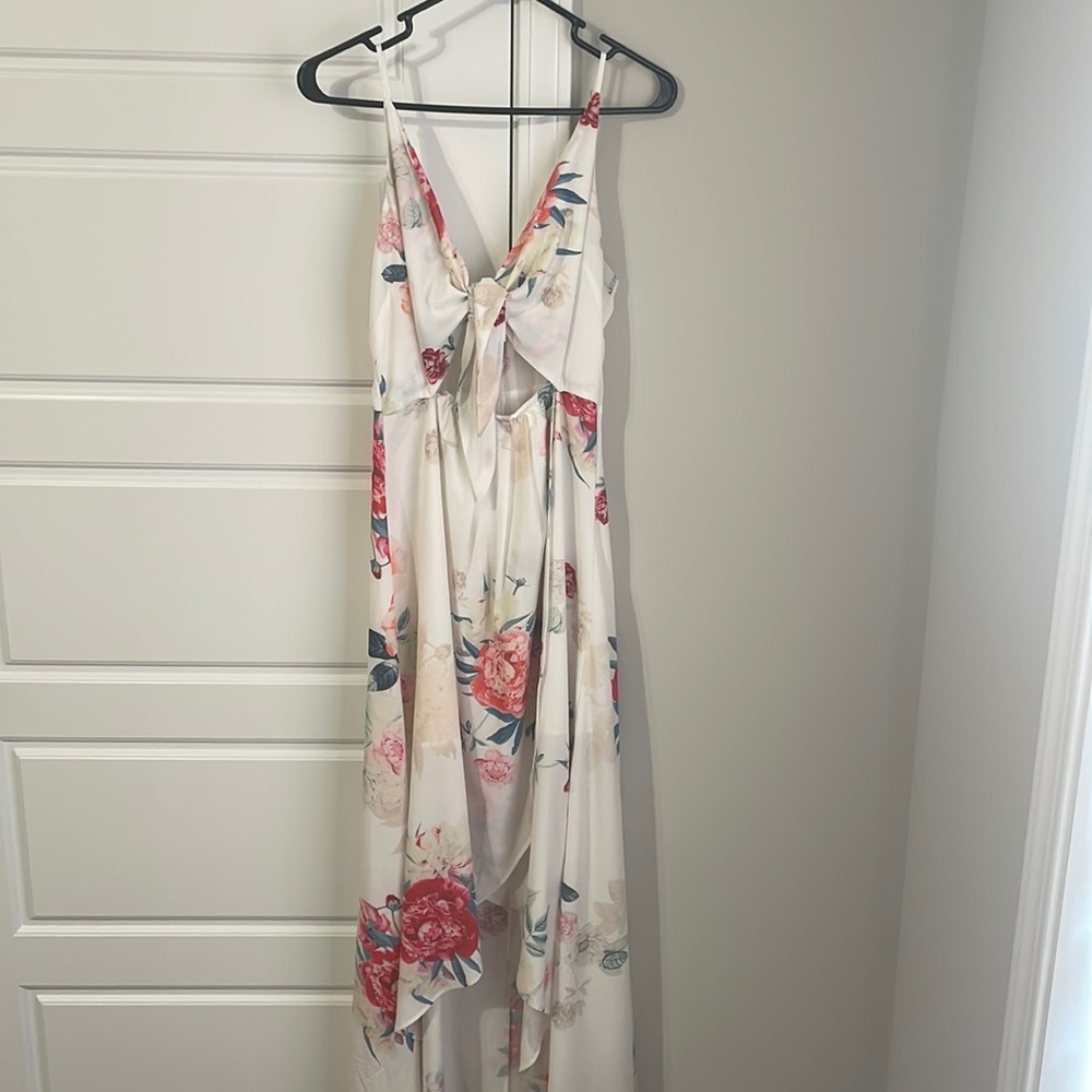 White floral tie front dress. Size M